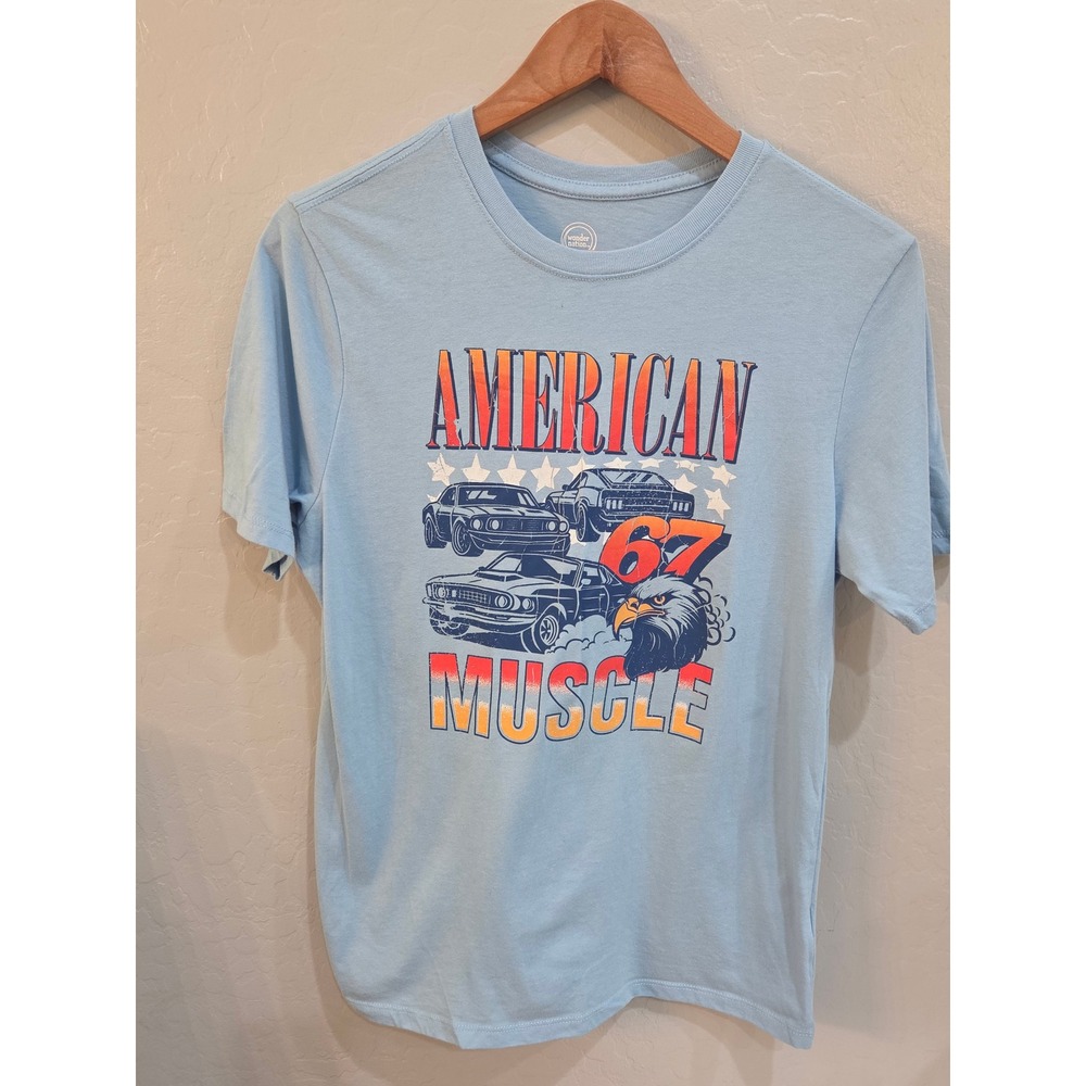 Wonder Nation Boys XXL 18 American Muscle Car Eagle Graphic Tee Light Blue